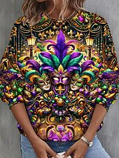 abordables Vêtements de Mardi Gras pour femmes-Sweatshirt Femme Carnaval Pull Graphique Décontracté Manches Longues Col Ronde Tops Réguliers Décontracté Rue Quotidien Blanc Jaune Violet Automne Hiver
