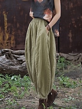 economico Collezione di Lino Premium-Pantaloni da donna in lino biologico con elastico in vita e tasche a lanterna