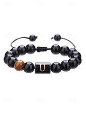 billige Menns smykker-Justerbart armbånd i naturstein for menn med alfabetbokstavdesign, kan tilpasses med 26 bokstaver, perfekt for gave, uformelle anledninger og spesielle anledninger