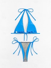 tanie Zestawy bikini-Kostium kąpielowy dwuczęściowy bikini dla kobiet stringi wąski odsłonięty tył wakacyjny strój plażowy jednolity kolor dekolt na szyję bez rękawów