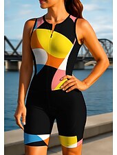 Χαμηλού Κόστους Γυναικεία ρούχα τριάθλου-Γυναικεία Φανέλα ποδηλασίας Ολόσωμη στολή για τρίαθλο Ντάουνιλ Τζέρσεϋ Αμάνικο Καλοκαίρι Άνοιξη Φθινόπωρο Μαύρο / Κίτρινο Γεωμετρικό Καμπύλη Αστείος Ποδήλατο