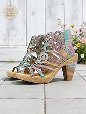 preiswerte Absatzsandalen-Bunte Damen-Sandalen aus Rindsleder mit lasergeschnittenem Blockabsatz und Klettverschluss im Boho-Gladiator-Stil für Gartenpartys, Festivals und besondere Anlässe.