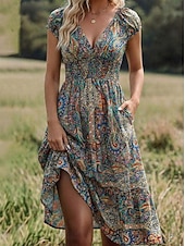 billiga Semester Boho Klänning-Dam Maxiklänning Boho-klänning Vardagsklänning Swingklänning A linjeklänning bohemliv Etnisk Ledigt Dagligen Normal Paisley Kortärmad V-hals Blå Sommar Vår