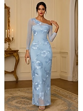  Sheath Column Floor Length Beaded Eembroidered Formal Dresses Mother of the Bride Dress Evening Gown Formal Dress Elegant Vintage Long Sleeve One Shoulder Wedding Formal Lace with Appliques
