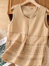 Недорогие Основные искусственные рубашки-Жен. Летние вершины Блуза Искусственный хлопок и лен Рюши Пэчворк Вышивка Сплошной цвет Элегантный стиль Дамы Стиль Без рукавов U-образный вырез Обычные топы Повседневные Офис На выход