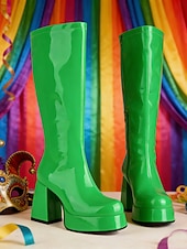cheap Women's Shoes-Women's Mardi Gras 1980s Retro Purple Platform Knee-High Boots with Block Heels – Shiny Patent Faux Leather, Perfect for Carnival Parades and Festive Celebrations