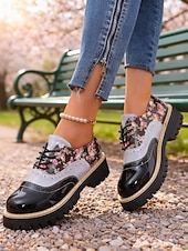 Χαμηλού Κόστους Γυναικεία Παπούτσια-Γυναικεία vintage φλοράλ πλατφόρμες brogues της δεκαετίας του 1970 – ρετρό λουστρίνι με κορδόνια από συνθετικό δέρμα για casual εξόδους, street style και καθημερινή χρήση
