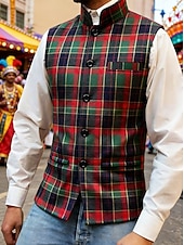 economico Gilet da uomo-Per uomo Gilet Casuale All'aperto Carnevale Feste Moda Streetwear Primavera Autunno Bottoni Poliestere Traspirabilità Plaid Monopetto Collo alla coreana Vestibilità regolare Verde Gilet