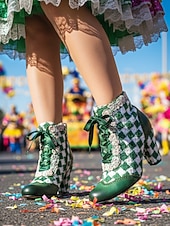 abordables Chaussures de femme-Bottes à talons à carreaux verts pour femmes – Style de carnaval vintage avec détails en dentelle parfaites pour le carnaval les festivals et les soirées costumées