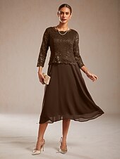 economico Abiti in chiffon-Per donna Abito Midi Vestito in Chiffon Abito a trapezio Elegante Ospite di nozze Cocktail party Allacciato Paillettes Vestibilità regolare Tinta unica Manica 3/4 Girocollo Caffè