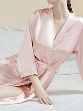 abordables Combinaisons pour femmes-Femmes Robe Occasionnel Doux Satin Couleur Unie Quotidien Maison Lit manche longue Col en V Noir Blanche Vert Claire Rose Claire bleu marine Été Printemps Coupe régulière