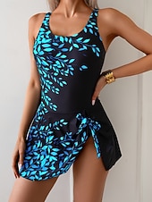 baratos Fatos de Banho 1 Peça-Maiô Feminino Com Saia Tipo Monokini Corta Alto Controle De Barriga Cintura Alta Slim Sem Costas Férias Vintage Floral Gráfico U Decote Sem Mangas