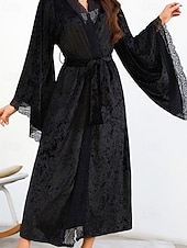 cheap Women's Onesies-Women's Robe Casual Soft Satin Pure Color Lace Patchwork Daily Home Bed Long Sleeve V Neck Black White Wine Summer Spring Loose Fit
