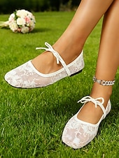 abordables Invitado a la boda-Elegantes bailarinas de encaje con punta cuadrada y lazo para mujer: perfectas para invitadas a bodas al aire libre y en el jardín, diseño cómodo y apto para césped.