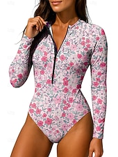 cheap One Pieces Rash Guards-Women's Rash guard Swimsuit Floral Zip Up UPF50+ Quick Dry Lightweight Long Sleeve Bodysuit Swim Shirt Surfing Beach Water Sports Summer