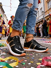 levne Dámská obuv-Zlaté metalické glitrové tenisky pro ženy Mardi Gras lehké karnevalové módní boty pro festivalové oblečení každodenní nošení cestování a oslavy