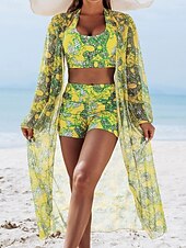 billige Bikinisett med 3 deler-Kvinners Bikini 3 Delt Badedrakt Shorts Slim Ryggløs Ferie Strandtøy Blomster Halter Hals Ermeløs Badedrakt