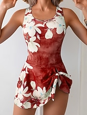 お買い得  ワンピース水着-女性用ワンピース水着 スカート付き モノキニ ハイカット タミーコントロール ハイウエスト スリム バックレス バカンス ヴィンテージ フローラル グラフィック Uネック ノースリーブ 水着