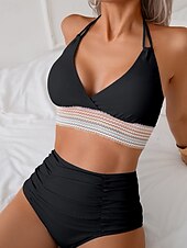 preiswerte Bikini-Sets-Damen Badeanzug Zweiteilig Freche Unterhose Bademode Gerafft Rückenfrei Urlaub Strandbekleidung Einfach Neckholder Ärmellos Badeanzüge