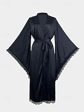 abordables Combinaisons pour femmes-Femmes Robe Occasionnel Doux Satin Couleur Unie Dentelle Quotidien Maison Lit manche longue Col en V Noir Blanche Été Printemps Coupe Ample