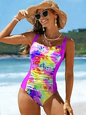 رخيصةأون مايوه قطعة واحدة-بدلة سباحة نسائية قطعة واحدة لتكون نحيفة بتصميم مجعد عالية القطع لتحكم في البطن خصر مرتفع بدون ظهر لعطلة ملابس شاطئية برسومات أومبري على شكل حرف U بدون أكمام