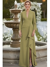  Sheath Column Floor Length Satin Dress Wedding Guest Dress Formal Dresses Mother of the Bride Dress Long Sleeve V Neck Elegant Simple Formal Wedding Guest Satin with Pleats Ruffles