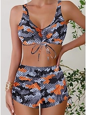 お買い得  ビキニセット-ウィメンズビキニ 2ピース水着 レオパード ショーツ スリム バックレス バケーション ビーチウェア カモ Vネック ノースリーブ 水着