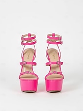 cheap Platform Sandals-Women's Hot Pink Patent Platform Stiletto Heels - Strappy Nightclub Sandals for Sexy Party Looks and Nightlife Glam