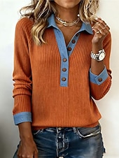 tanie Gładkie bluzki-Damskie Koszula Bluzka Niejednolita całość Guziki Dzianiny Jednokolorowe Elegancja Moda Moda miejska Długi rękaw Kołnierzyk koszuli Zwykłe topy Dom Na zewnątrz Praca Niebieski Czarny Pomarańczowy