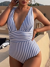 cheap One-piece swimsuits-Women's One Piece Swimsuit Slimming Colorblock Monokini Tummy Control High Waist Slim Backless Vacation Beach Wear Striped V Neck Sleeveless Bathing Suits