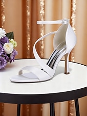 baratos noiva-Sandálias de noiva elegantes com tiras finas e salto agulha no tornozelo, sapatos de casamento de salto alto com bico aberto para noivas, salto minimalista branco para cerimônia.