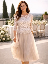 voordelige Thee Lengte-A-lijn Tot de knie Feestjurk Cocktail jurk Bruiloft gast jurk Moeder van de bruid jurk 3/4 mouw Met sieraad Elegant Doorzichtig Bruiloft gast Chiffon Kant Tule met Plooien Appliqués