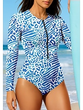 Недорогие Рашгард One Pieces-Жен. Стандартный Рашгард Леопард UPF50+ Быстровысыхающий Легкость Длинный рукав Боди Плавки-шорты Серфинг Гребля на каное Пляж  Лето
