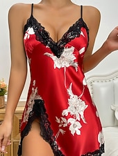 Недорогие Женские пижамы-Жен. Ночная рубашка Секси На каждый день Леопард Шелковая атласная пижама Кружева Открытая спина Повседневные Дом Кровать Без рукавов ремни Лотос розовый Черный Цвет шампанского Красный Лиловый Лето