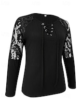economico Top in Pizzo-Per donna Blusa Pizzo Patchwork Semplice Elegante Manica Lunga Scollo a V Top Regolari Ferie Uscire Nero Estate Primavera Autunno