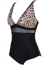 رخيصةأون مايوه قطعة واحدة-نسائي ملابس السباحة قطعة واحدة ملابس البحر ملابس السباحة شبكة بنطلون رياضي للبطن عالي الخصر ضعيف بدون ظهر العطلة ملابس الشاطئ جلد نمر أوراق V رقبة بدون كم بدلة سباحة