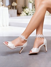 economico sposa-scarpe da sposa con tacco aperto e cinturino alla caviglia, eleganti sandali da sposa con tacco medio per la sposa, romantiche scarpe da cerimonia in pizzo floreale