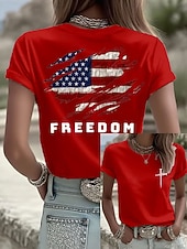  Dia da Independência Camiseta Feminina Patriótica Impressão Gráfica Letra Bandeira Americana Estilosa Clássica Casual Manga Curta Decote Redondo Tops Regulares Diário Impressão Azul Preto Branco