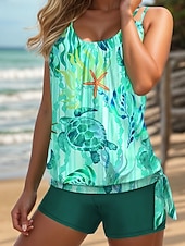 baratos Tankinis-Maiô Feminino 1 Peça Vestido Shorts Controle de Barriga Cintura Alta Slim Costas Nuas Praia de Férias Gráfico U Neck Sem Mangas