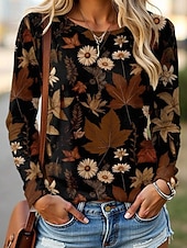 economico T-shirt floreale-Per donna Maglietta Stampato Floreale Grafico Piante Moda Elegante Classico Manica Lunga Girocollo Top Regolari Quotidiano Weekend Marrone Estate Primavera Autunno