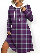 preiswerte Sweatshirt- und Hoodie-Kleider-Damen Minikleid Kapuzenkleid Freizeitkleid Elegant Mode Modern Täglich Outdoor Wochenende Normale Passform Karomuster Langarm Mit Kapuze Blau Purpur Grün Frühling Herbst