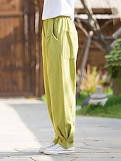 preiswerte Unterteile-Damen Hose aus Baumwollleinen Chinos Sommerhose Lange Unterhosen Urlaub Streetwear Basic Volle Länge Mittlere Taillenlinie Einfach Tasche Elastischer Bund Bequem Komfort Unelastisch Täglich Outdoor