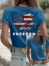  Dia da Independência Camiseta Feminina Patriótica Impressão Gráfica Letra Bandeira Americana Estilosa Clássica Casual Manga Curta Decote Redondo Tops Regulares Diário Impressão Azul Preto Branco