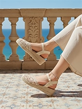 cheap Espadrille Sandals-Women's Beige Boho Crochet Espadrille Wedge Sandals – Ideal for Summer Vacations, Beach Resorts and Casual Getaways