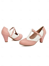economico Retrò anni ’50-scarpe con tacco a T da donna in stile retrò anni '50, marroni e bianche, con dettagli brogue e chiusura con fibbia: scarpe mary jane vintage per ufficio, feste in giardino ed eventi a tema retrò