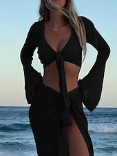 Недорогие Пляжные платья-Жен. Купальники Накидка 2 шт. купальник Трикотаж Отпуск Одежда для пляжа Сплошной цвет V-образный вырез Длинный рукав Купальники