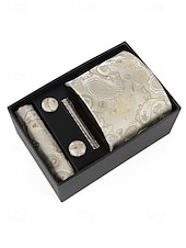 preiswerte Hochzeit ACC-Geschenkset für Herren aus Polyester mit Paisley-Muster: Krawatte, Manschettenknöpfe, Einstecktuch und Krawattenklammer – perfekt für Hochzeiten und als Geschenk.