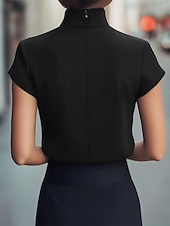 tanie Eleganckie bluzki-Damskie Koszula Elegancki Top satynowy Letnie szczyty Z marszczeniami Niejednolita całość W fałdki Równina Elegancja Zabytkowe damska Krótki rękaw Wysoki Zwykłe topy Codzienny Praca Święto Czarny