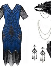 economico Abiti degli anni '20-Set Anni Ruggenti Anni 1920 Lunghezza al ginocchio Abito Flapper Abito da cocktail Costume di fantasia con accessori Maniche corte Il grande Gatsby Ragazza Flapper Paillettes Frangia con nappe Scollo