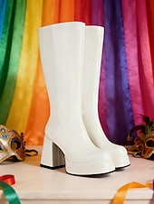 cheap Women's Shoes-Women's Mardi Gras 1980s Retro Purple Platform Knee-High Boots with Block Heels – Shiny Patent Faux Leather, Perfect for Carnival Parades and Festive Celebrations